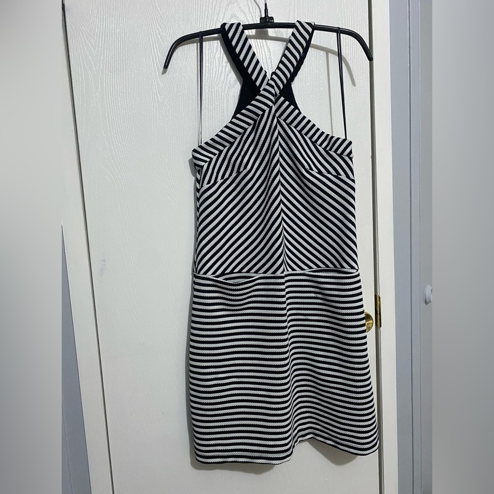 KAARI Blue XS Black and White Striped Halter Dress Cocktail Preppy Mini